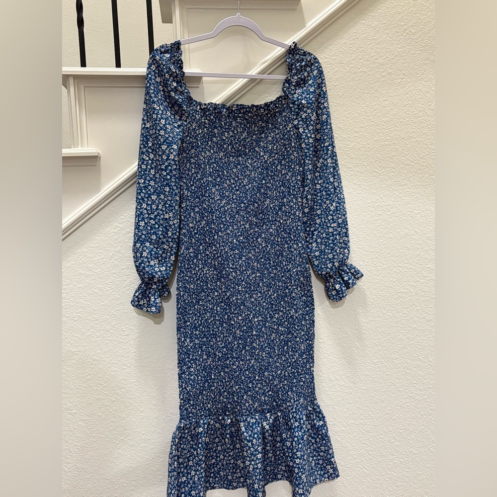 PrettyGarden Blue Floral Smocked Bodycon Midi Dress